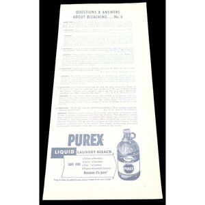 Purex Liquid Laundry Bleach Vintage Print Ad 1954 Jug Bleaching Questions Q & A